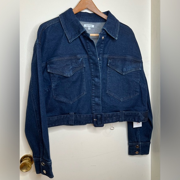 Good American Jackets & Blazers - Good American DarkWash 70’s Icon Belted Crop Denim Jacket, Sz 5,  XXL. NWT